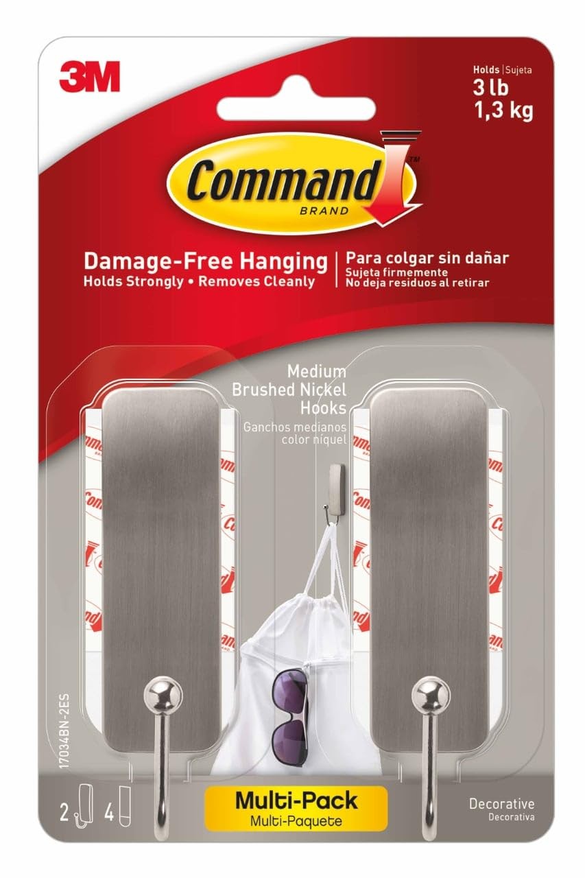 Command Medium Brushed Nickel Wall Hooks, 2 Coat Hooks and 4 Command Strips, gallery