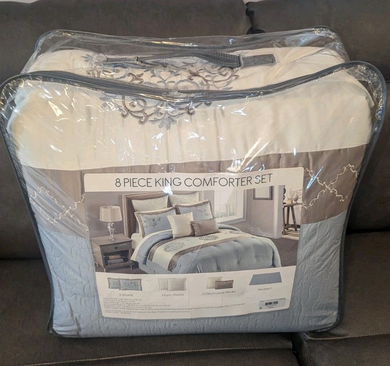 8 Pc King Comforter Set "Fenimore" Fleur-De-Lis Gray Blue Beige Cream gallery