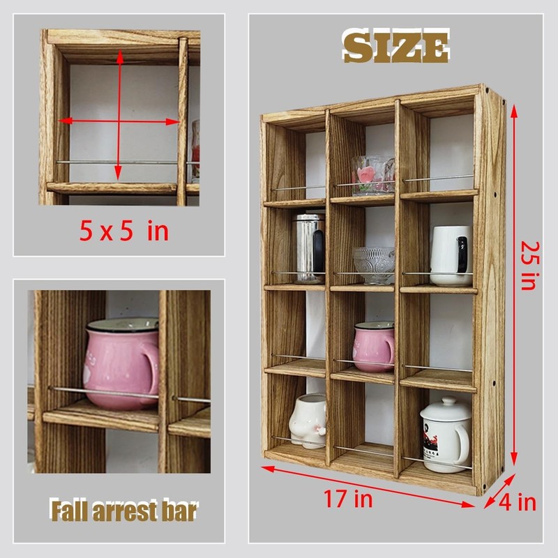 Wall Mounted Coffee Mug Display Rack, 17x25 Large Wooden Display Shelves Cup ... gallery