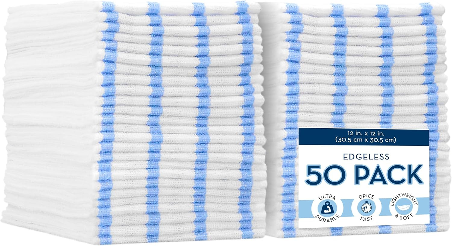 Bulk Edgeless Microfiber Cleaning Cloths, White and Blue Stripe, 50 Pack gallery