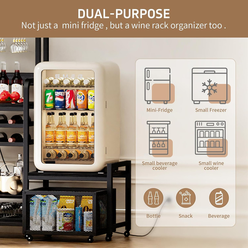 Compact Mini Fridge Stand with Power Outlet, Wine Rack & Storage Baskets gallery
