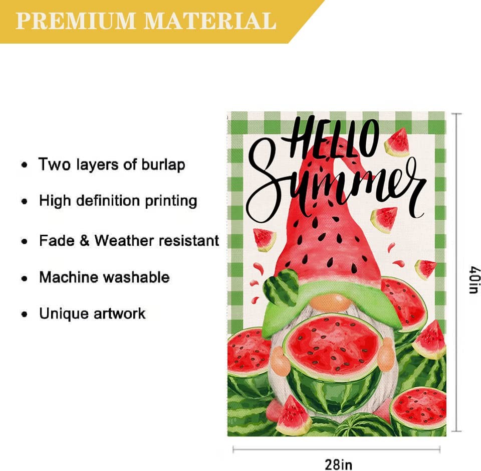 Hello Summer Watermelon House Flag 28 x 40 Inch Summer Gnome Decorative Doubl... gallery