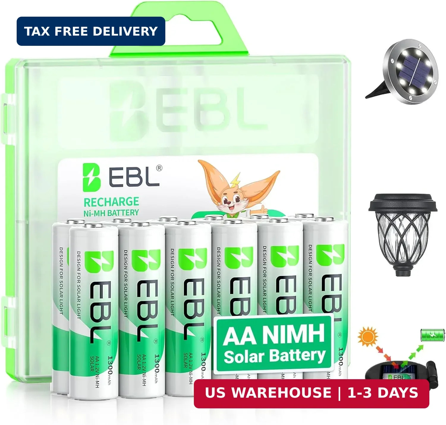 EBL Solar AA Battery Rechargeable Batteries for Outdoor Solar Lights, 1300mAh NI gallery