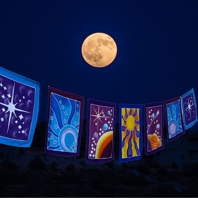 Celestial Sun Moon Star Planet Prayer Flag wall hanging String Bali Batik art gallery