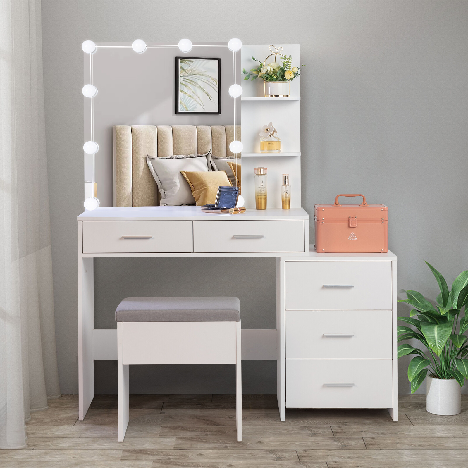 Particleboard Triamine Veneer 5 Pump 2 Shelves Mirror Cabinet Dressing Table Set gallery