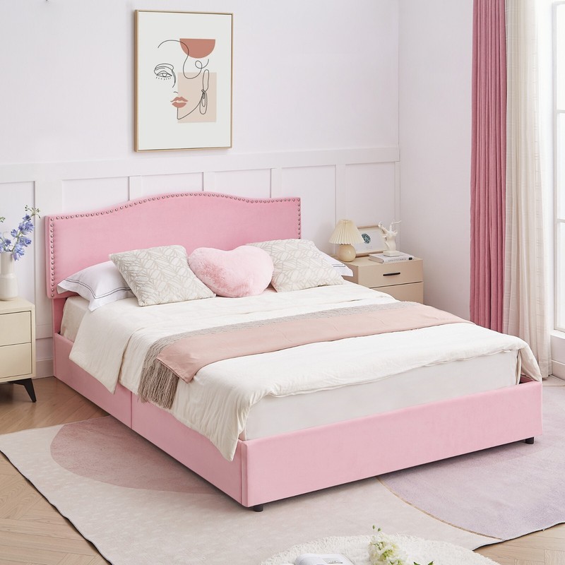 Full Queen Size Upholstered Bed Frame with Adjustable Headboard and 4 Drawers gallery