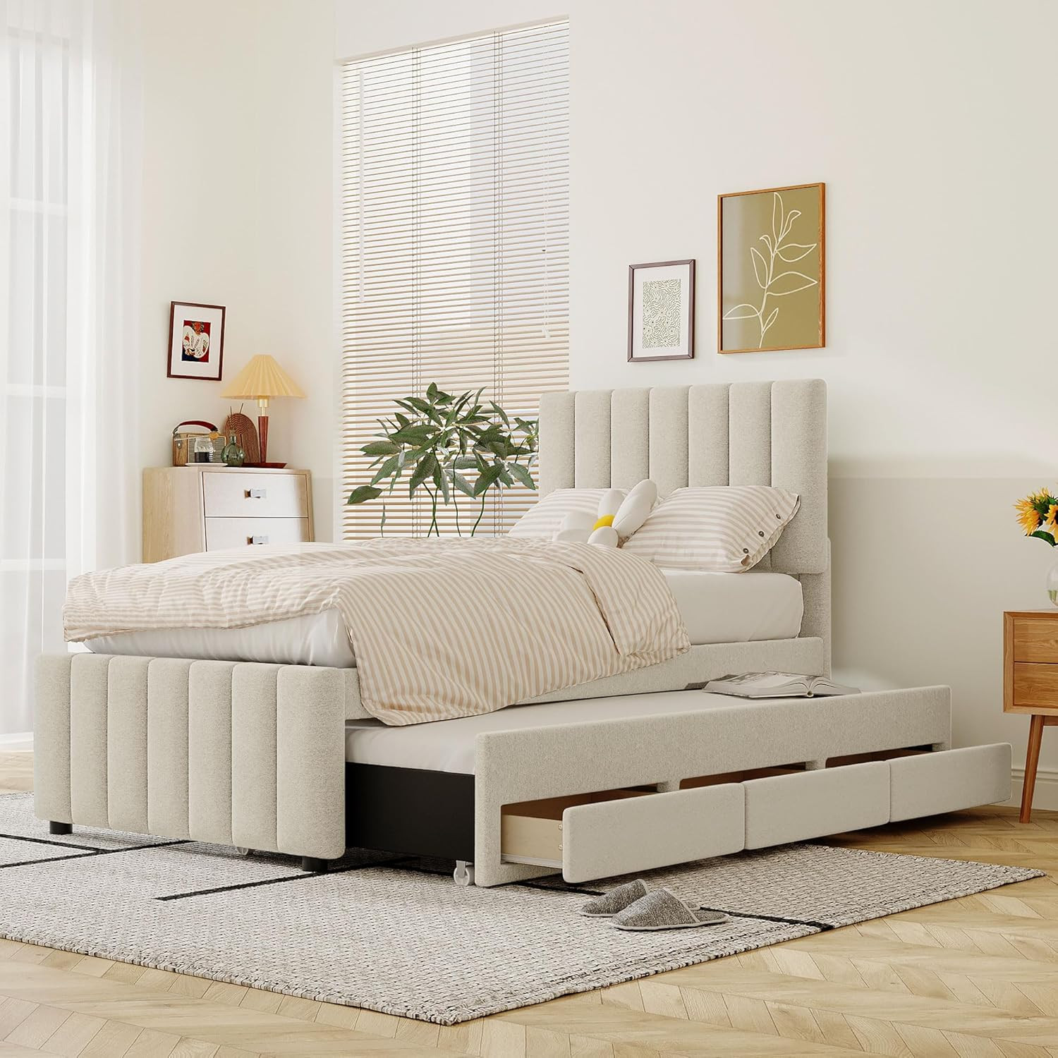 Beige Twin Upholstered Platform Bed with Trundle & Storage Drawers for Kids gallery