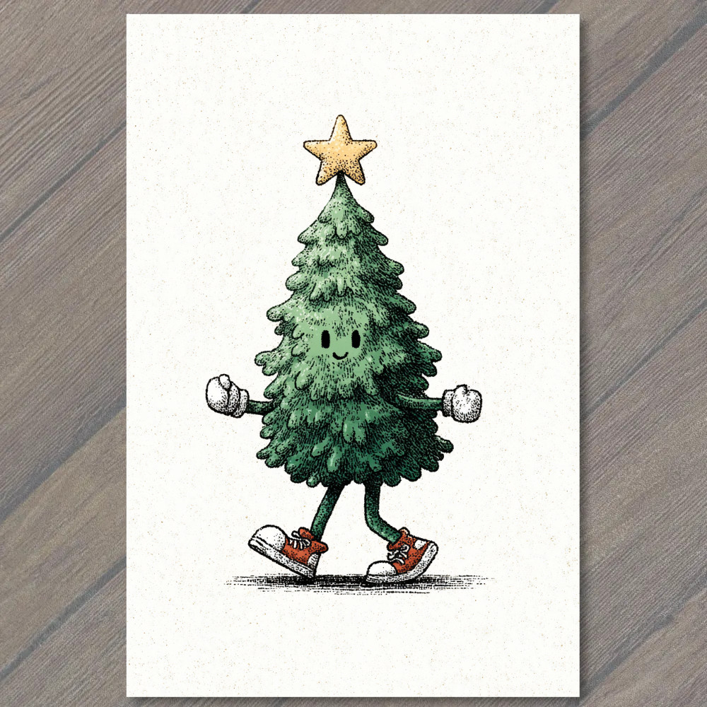 Art Print Walking Christmas Tree Star Shoes Festive Funny Holiday Cartoon Whimsi gallery