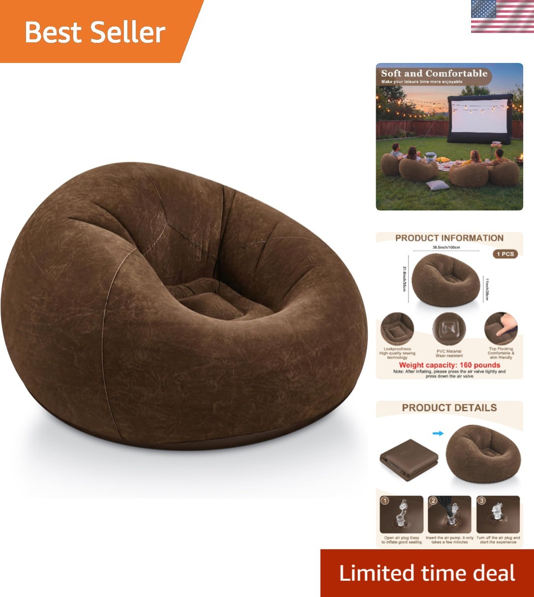 Cozy Portable Inflatable Bean Bag Chair - Stylish Brown for Indoor & Outdoor gallery