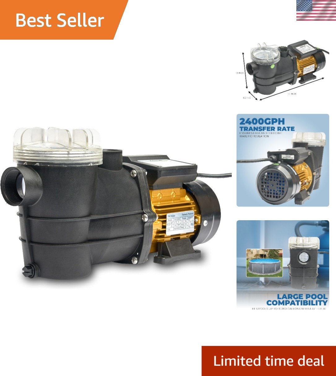 2400 GPH Self-Priming Above Ground Pool Pump - 3/4 HP with Clear Strainer Basket gallery