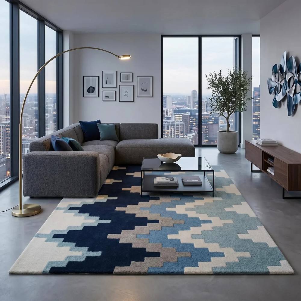 Hand Tufted Modern Geometric Tufted Wool Area Rug Gradient Chevron Block Pattern