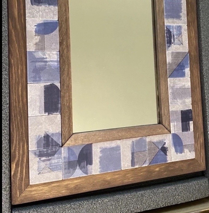 Handcrafted Wall Mounted Mirror in Solid Wood Frame with Pattern Marble Tile gallery
