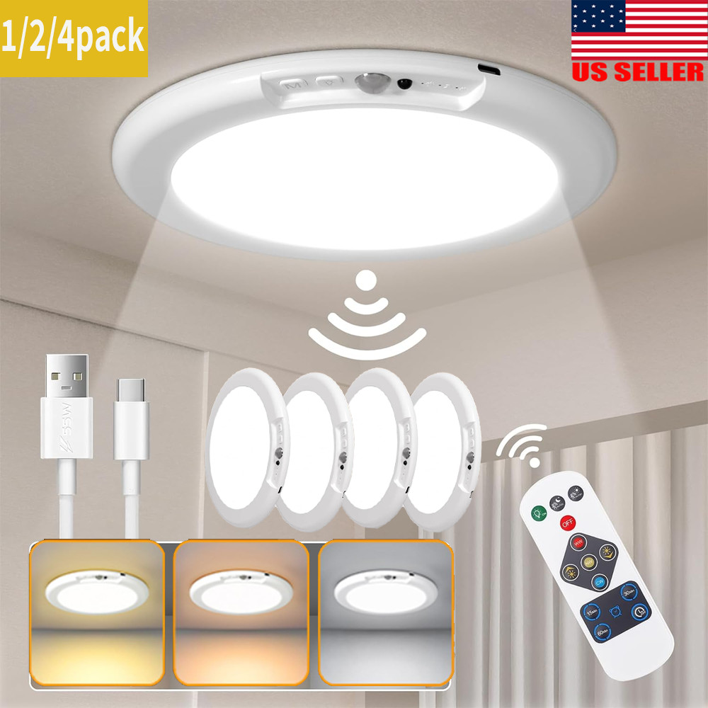 Rechargeable Motion Sensor Ceiling Light W/Remote Battery Powered Wireless 1/2/4 gallery