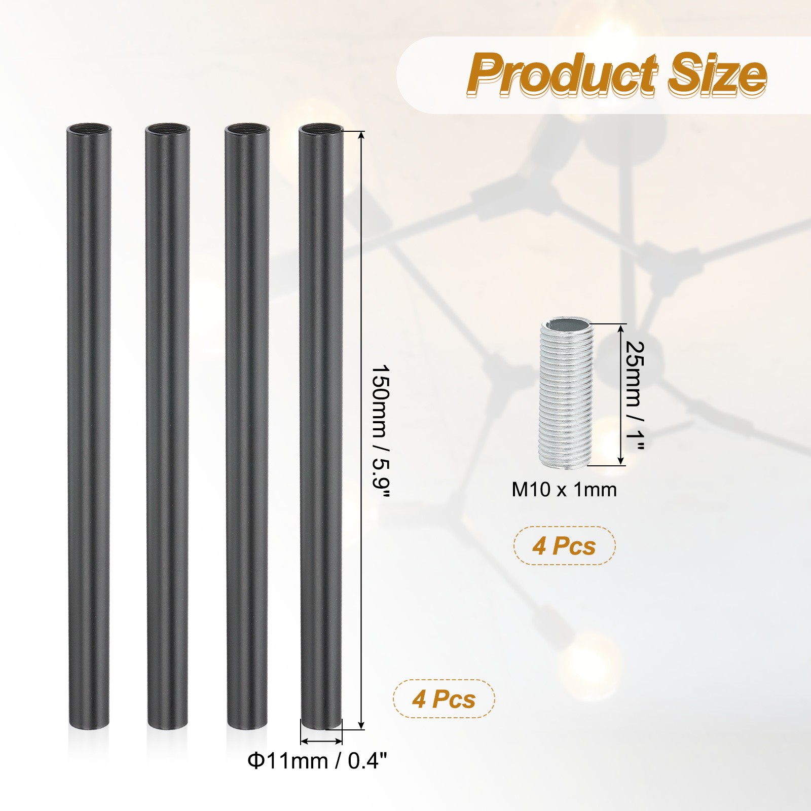 4 Set 6" M10 x 1mm Fine Thread Threaded Extension Rod with Pipe Nipple Black gallery