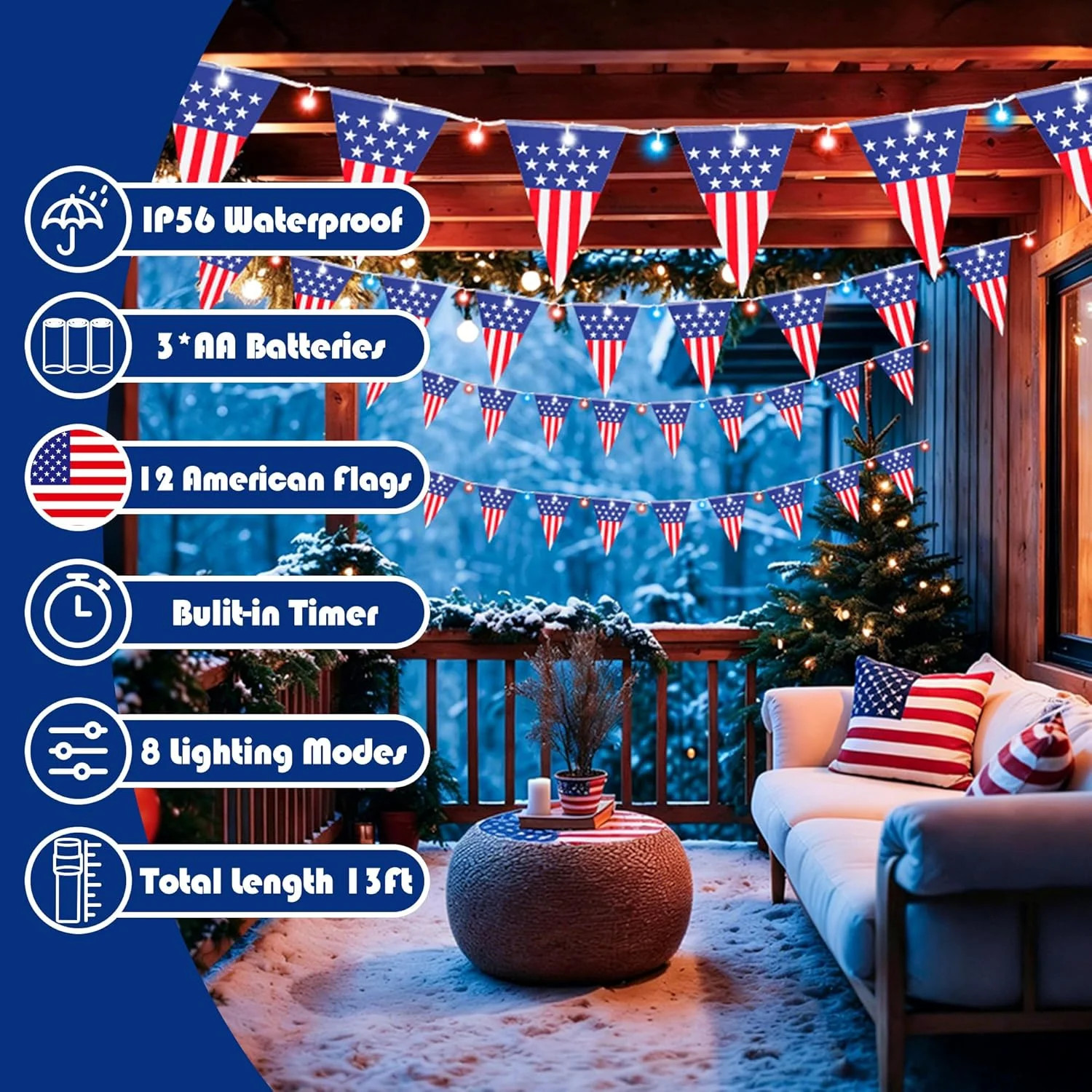 11.5Ft Patriotic Battery String Lights with 11 USA Flags 35 LED, 4th of July Dec gallery