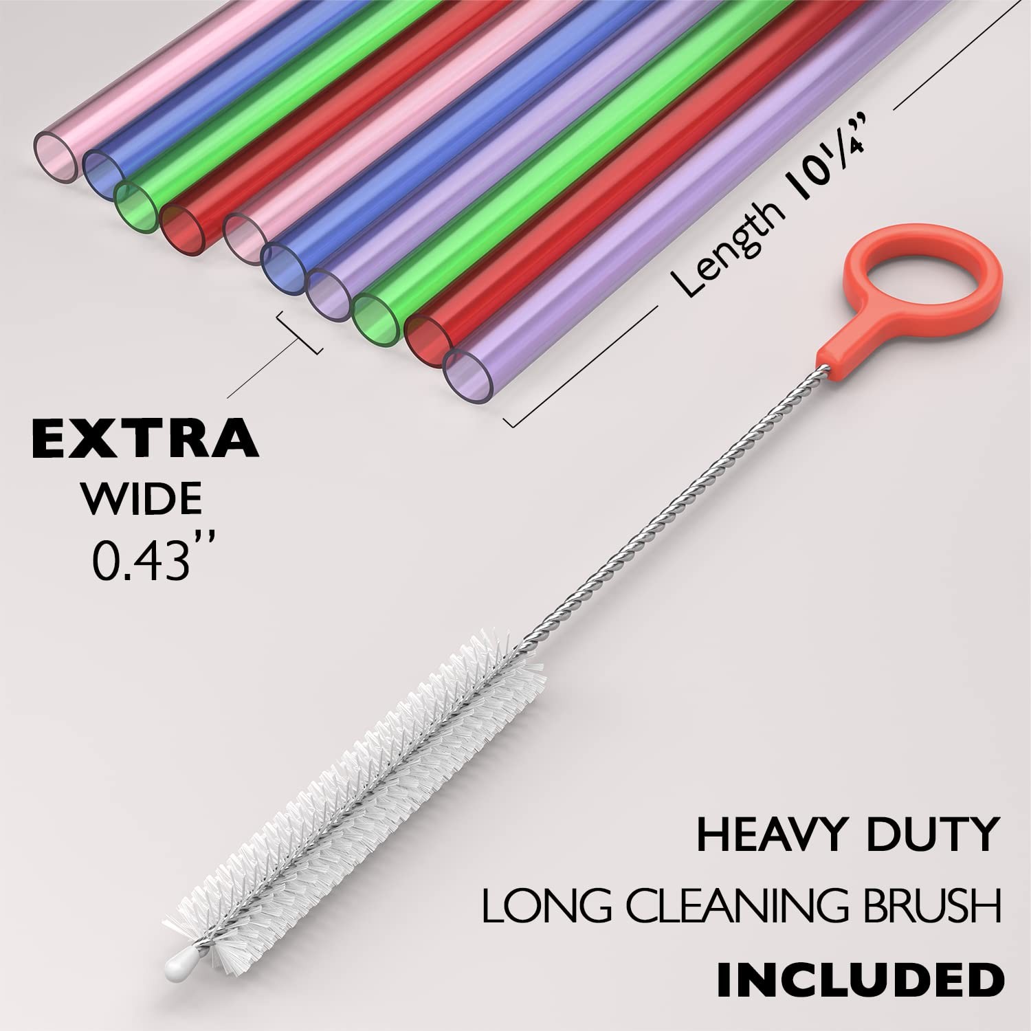 10 Long Reusable Hard Plastic Drinking Straws + Cleaning Brush - Fat Thick gallery