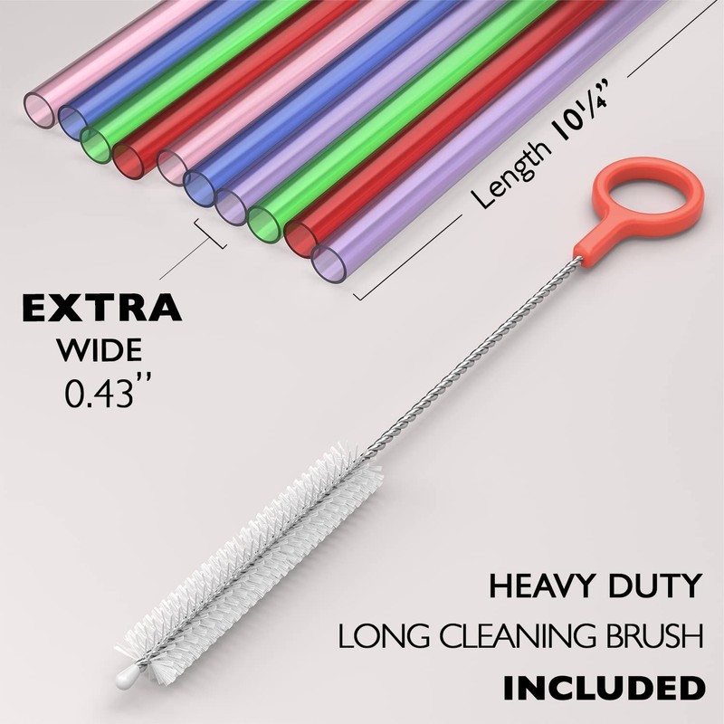 10 Long Reusable Hard Plastic Drinking Straws + Cleaning Brush - Fat Thick gallery