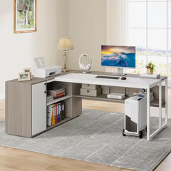 Lanit 71 In. L-Shaped Gray White Engineered Wood Office Computer Executive Desk