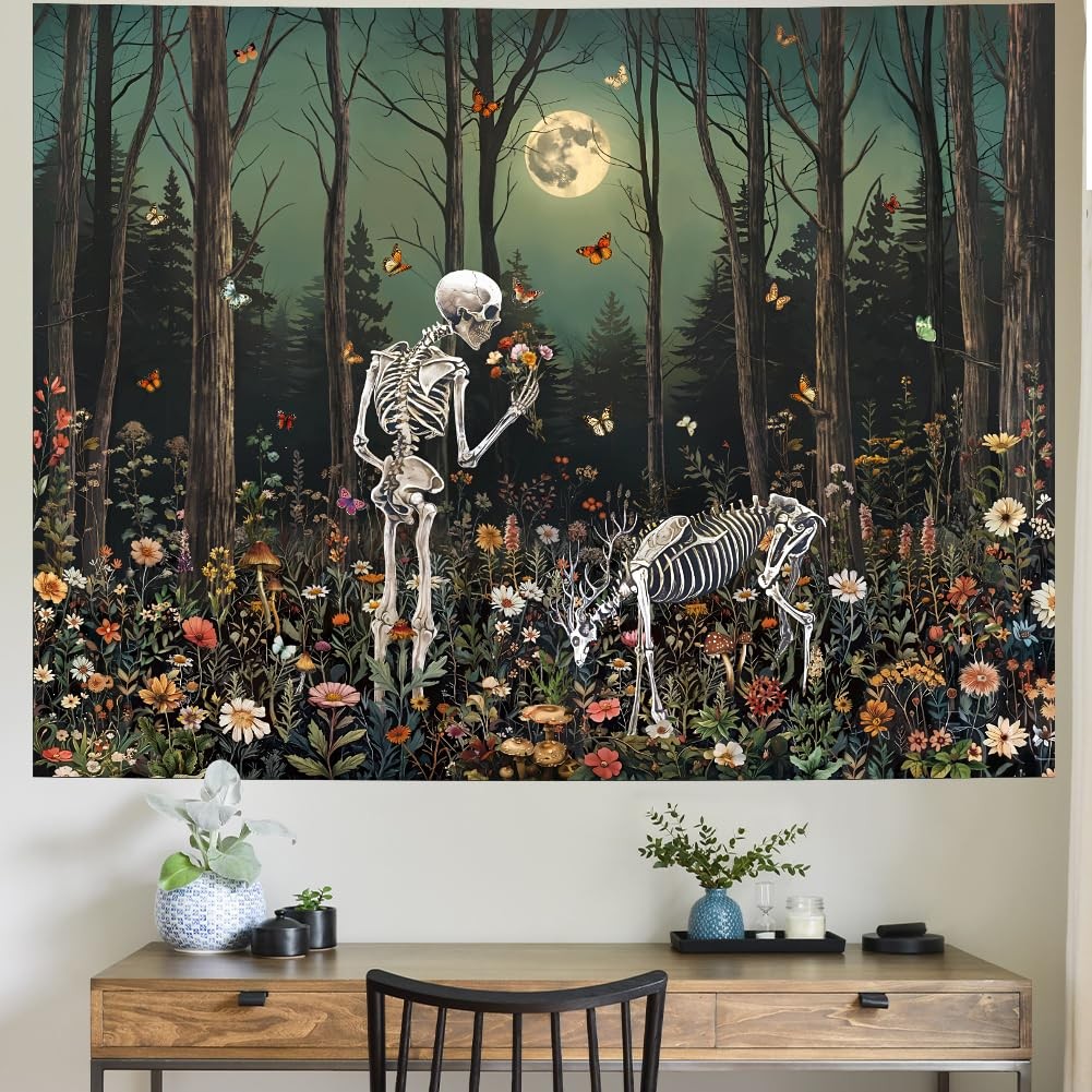 Skull Tapestry Gothic Floral Flower Tapestries Trippy Skeleton Deer Tapestry.... gallery
