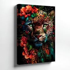 Wall Art Leopard Face Floral Canvas Print Colorful Jungle Animal Poster Decor