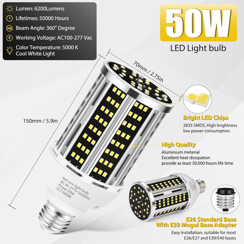 50W LED Corn Light Bulb(6 Pack),5000K (500W Equivalent ) Commercial Grade Daylig gallery