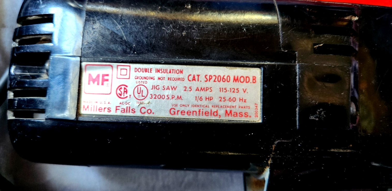 Millers Falls Jig Saw - Model B - 2.5 Amps 1/6 HP - Works Great! - No Blade VTG gallery