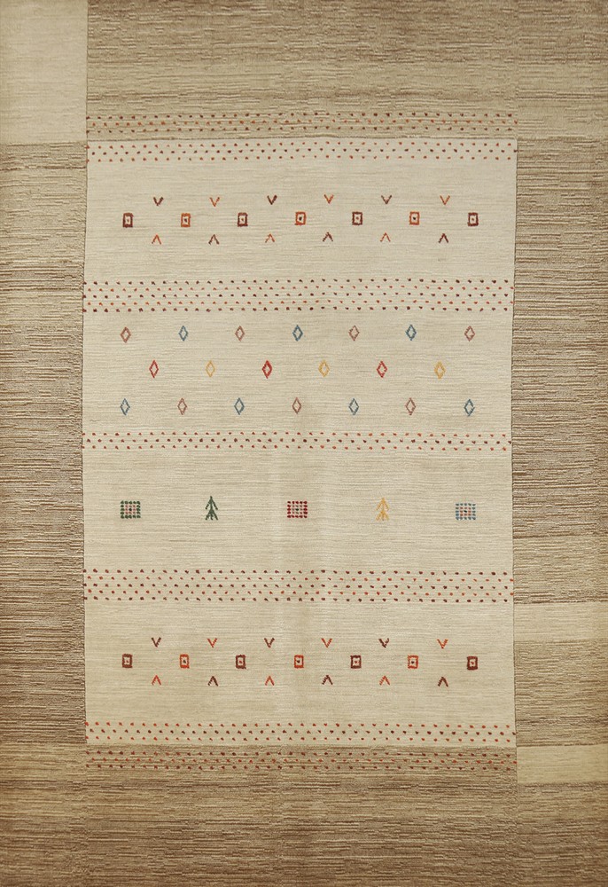 Bordered Stylish and Durable Gabbeh Beige Rug Hand-knotted Wool 5x8 ft.
