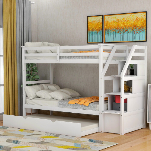 Solid Wood Bunk Bed with Trundle Platform Bed Frames Daybed For Home School Dorm gallery