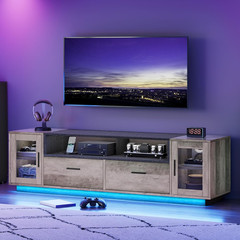 Rustic Grey Modern TV Stand with Power Outlets for 65″ TVs and Storage