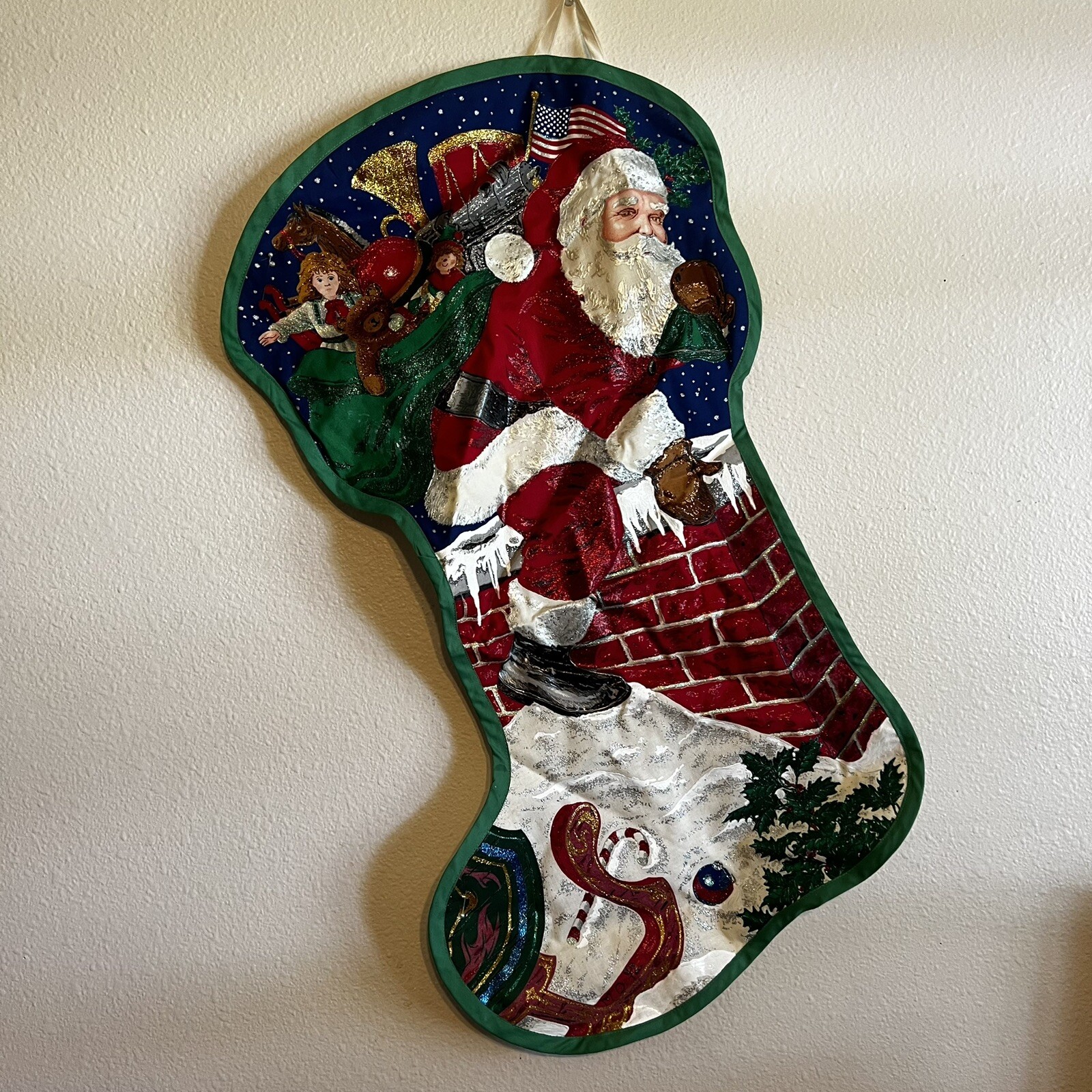 Vintage Cranston Handcrafted Jumbo Stocking Down The Chimney He Came Painted gallery