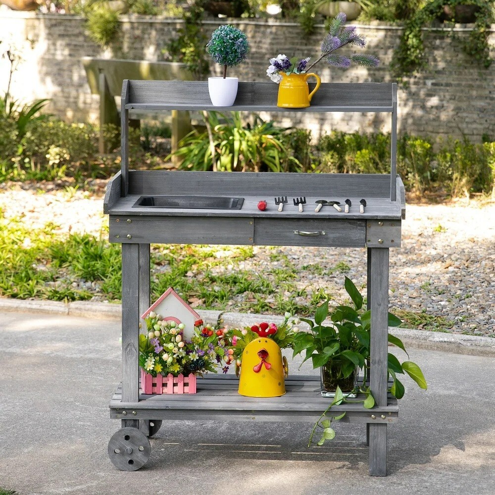 Large Rolling Grey Potting Bench Garden Work Table Outdoor Wood Planting Station gallery
