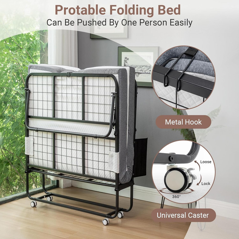 Portable Rollaway Bed with Memory Foam Mattress, Space-Saving Design, 75"x38 gallery