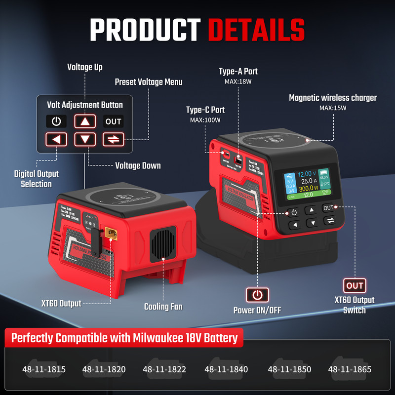 DC 2–30V Voltage Regulator Compatible with Milwaukee 18V Battery, 300W Output gallery