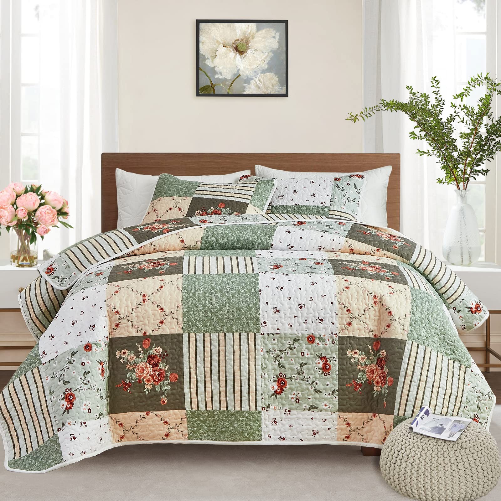 Patchwork Quilt Set Full/Queen Size, 3 Pieces Green Floral Plaid Summer Bedsp... gallery