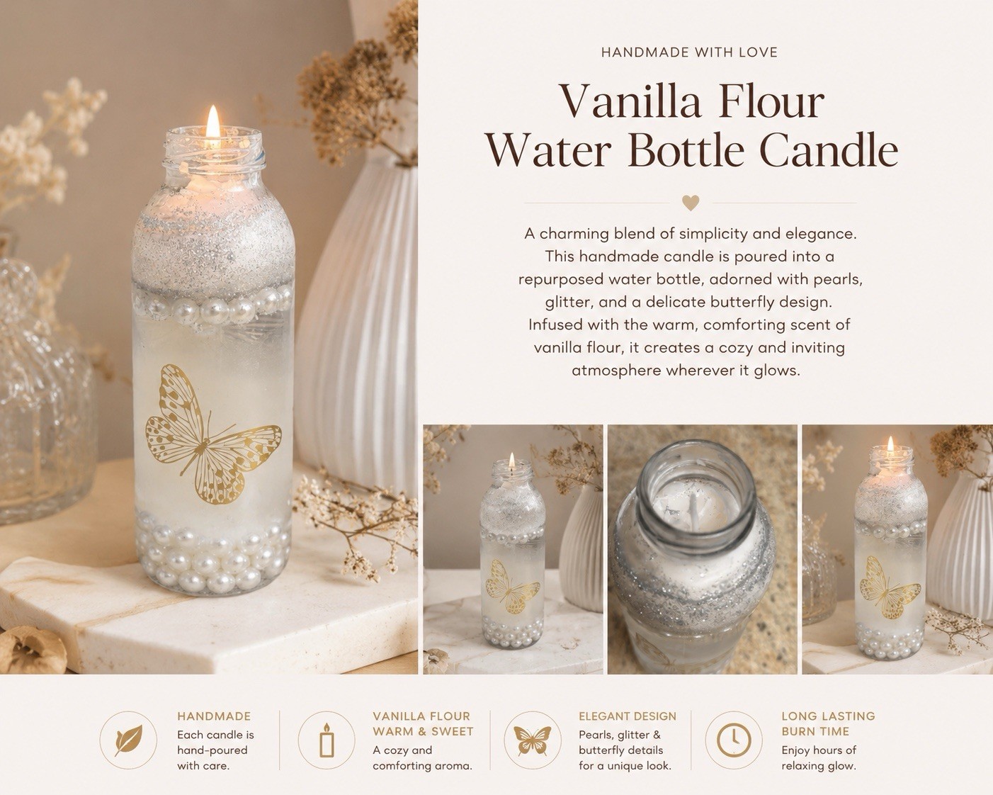 Vanilla Flour Handmade Scented Bottle Glass Jar Candle | Butterfly Decor White gallery