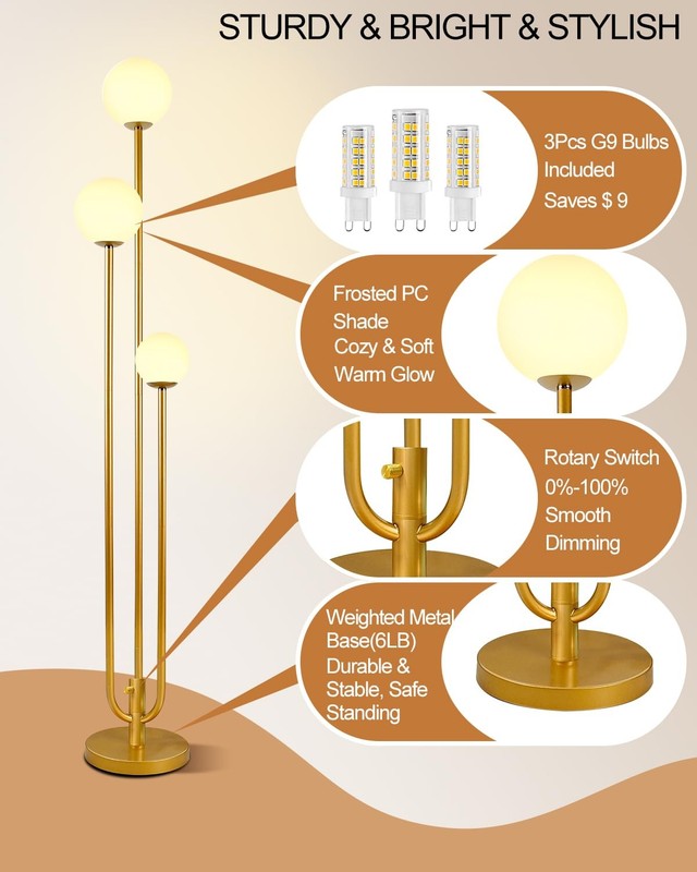 Lightdot 63IN Gold Floor Lamp Dimmable 3-Lights Globe LED Floor Lamps with 30 gallery