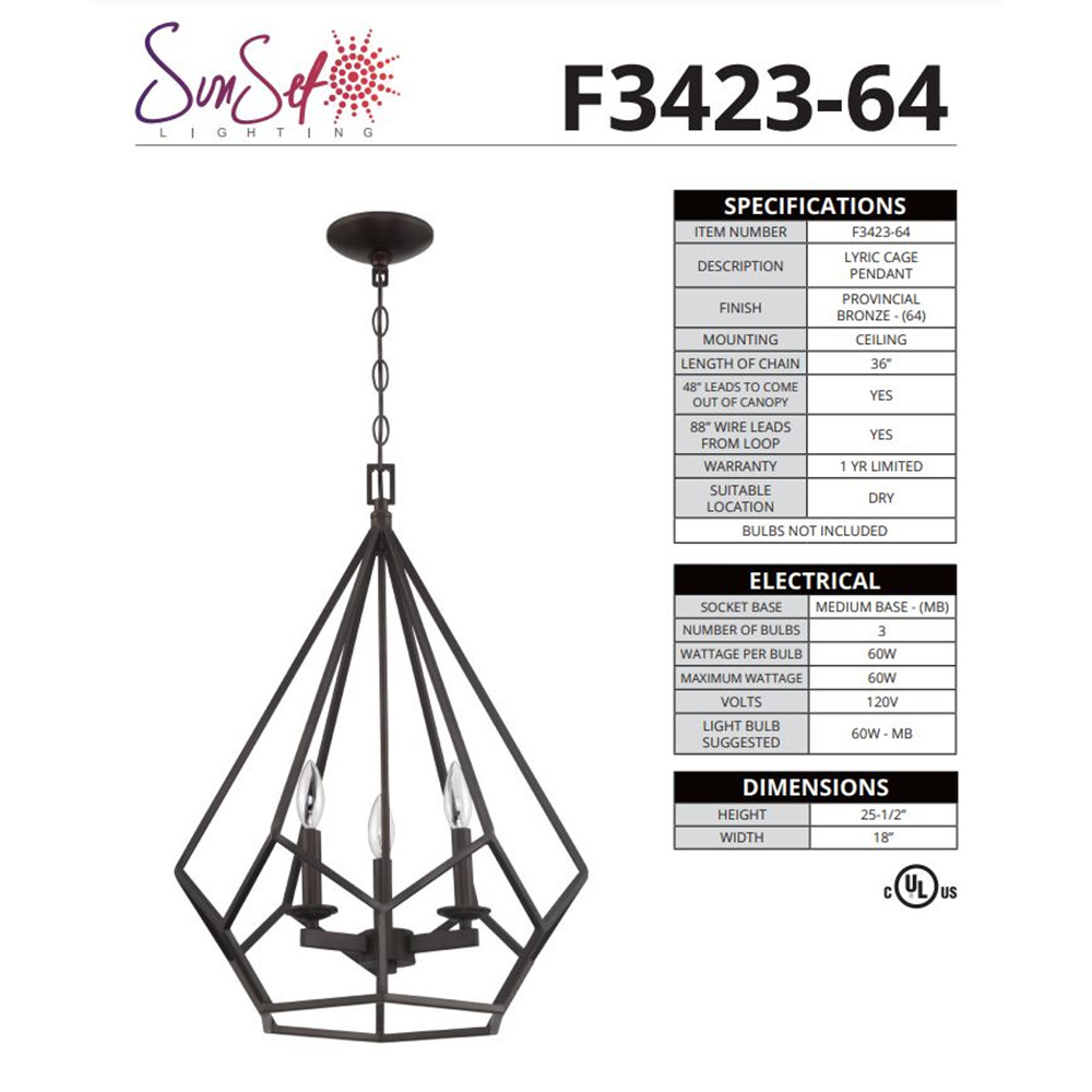 Sunset 3LT 60W Lyric Three Light Pendant in Provincial Bronze F3423-64 gallery