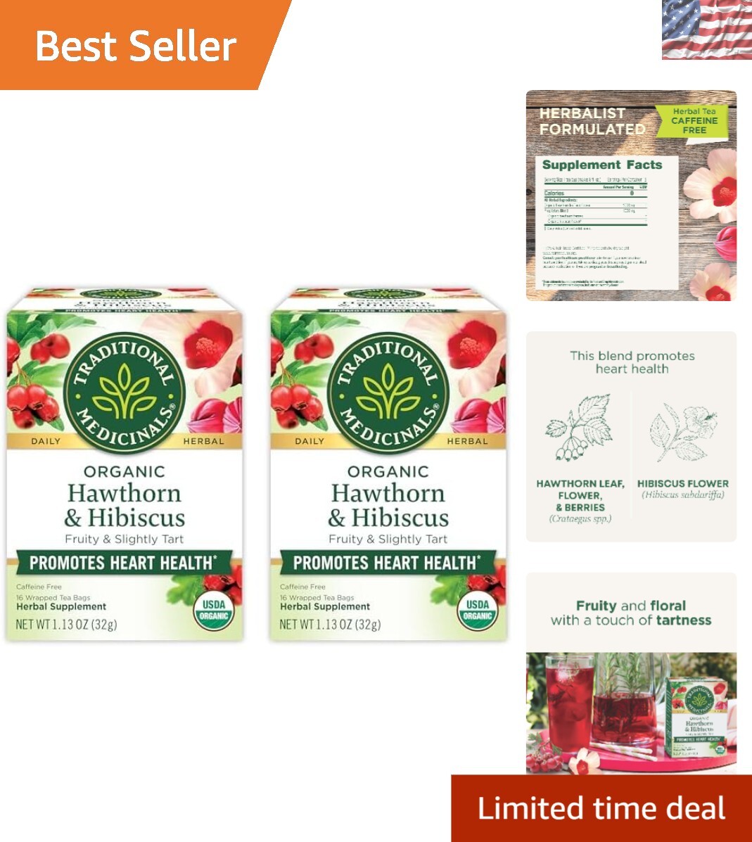 USDA Organic Hawthorn & Hibiscus Tea - Promote Heart Health, 2 Pks of 16 Bags gallery