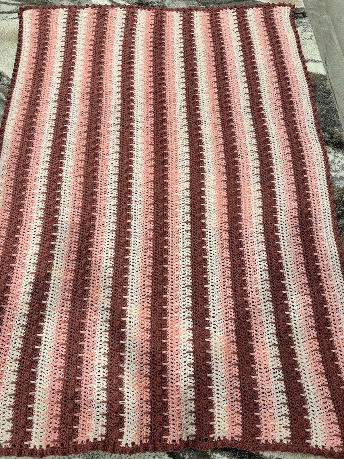 New Hand Crocheted Light Pink, Med Pink and Mahogany Striped Afghan gallery