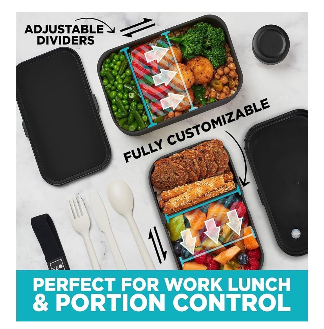 Double Premium Bento Box 67 fl oz Black Stackable Lunch Box Leak-Proof Dividers gallery