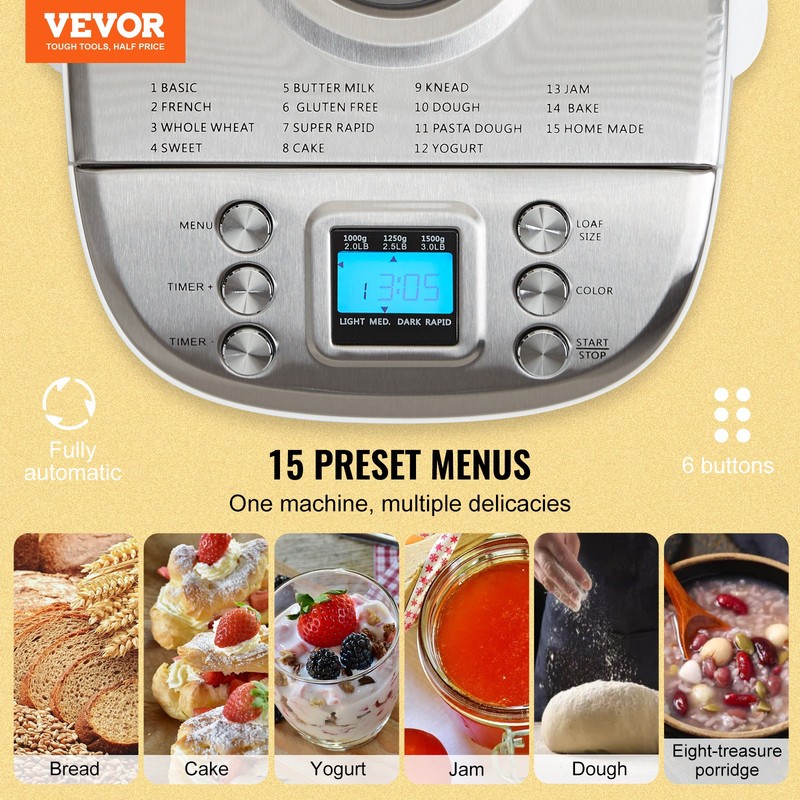 VEVOR 3LB 15-in-1 Bread Maker Automatic Compact Dough Machine Nonstick White gallery