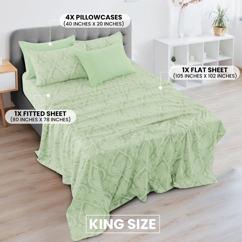 BED SHEETS Pillowcases Microfiber King Paisley Sage 6 Pc LUX DECOR COLLECTION gallery