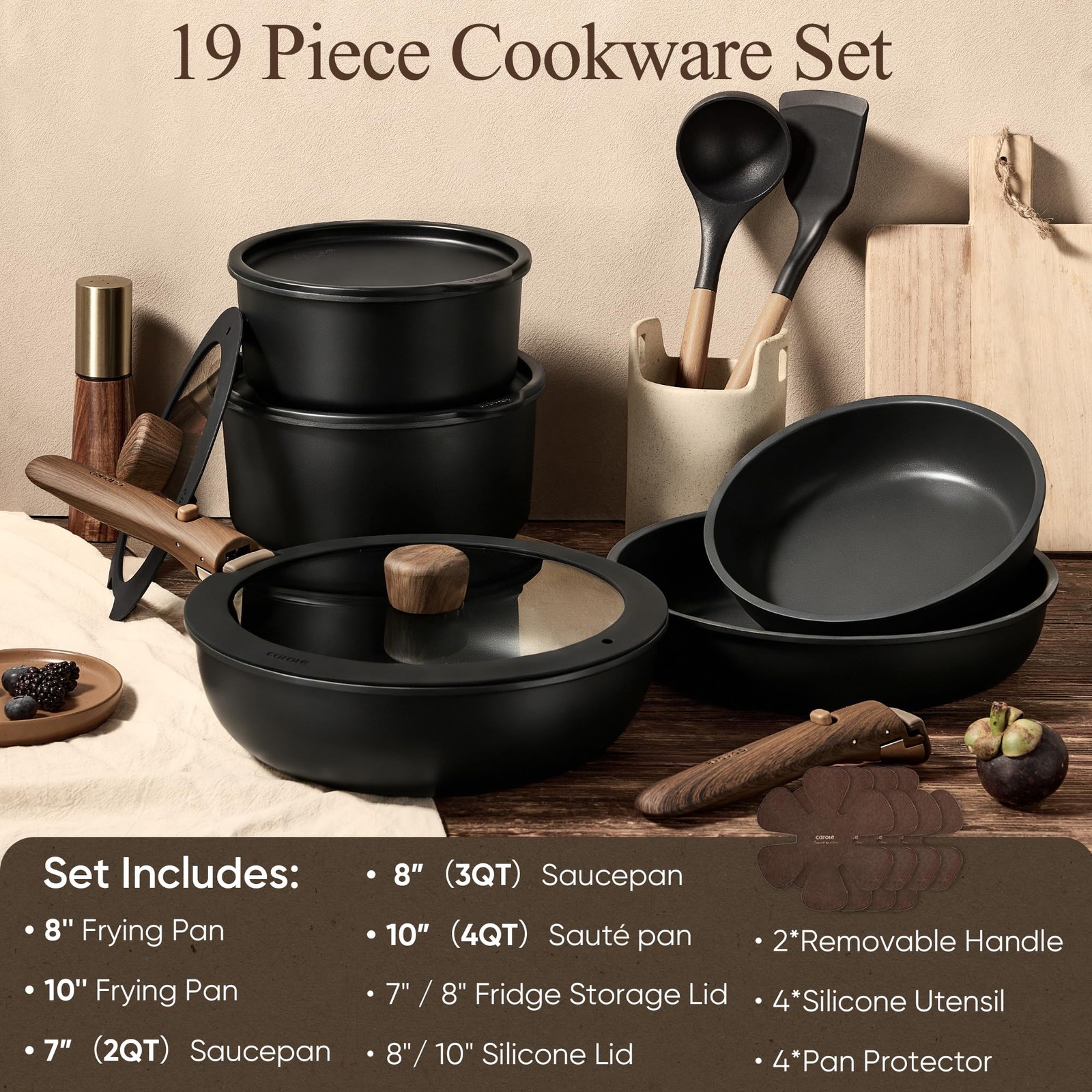 Cookware Set 19 Piece Non Stick Detachable Handle Induction Safe CAROTE 19pcs gallery
