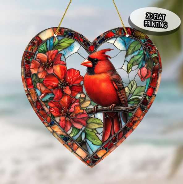 Stained Glass Style Cardinal Heart Suncatcher Memorial Bird Window Decor gallery