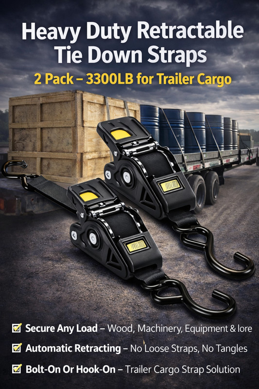 Trailer & Work Cargo Self Retracting Tie Down Straps – 3300LB 2" Wide (Pair) gallery