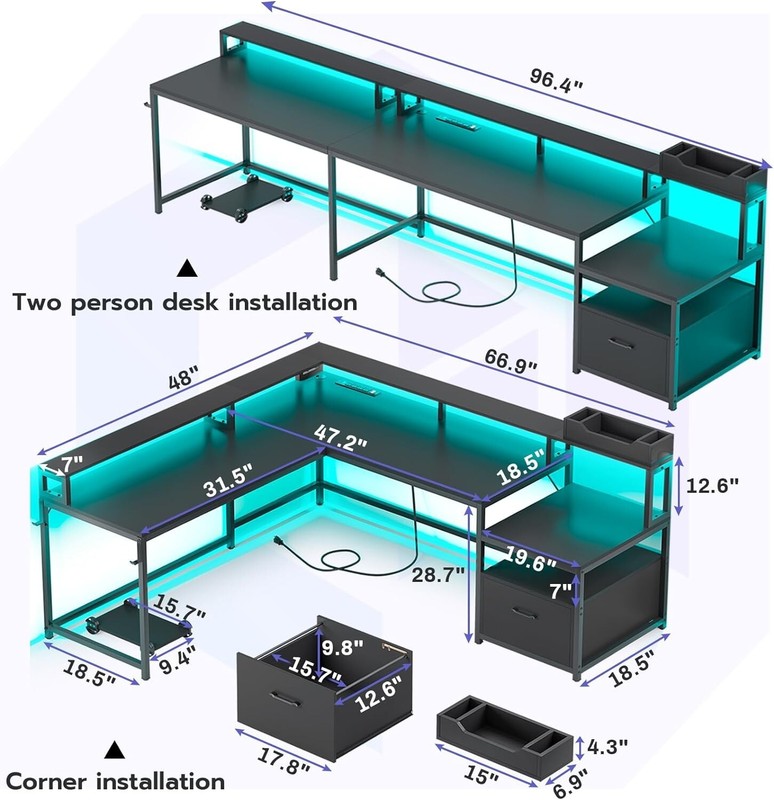 L Shaped Computer Desk with Led Lights 66" Home Office Desk with Power Outlet gallery