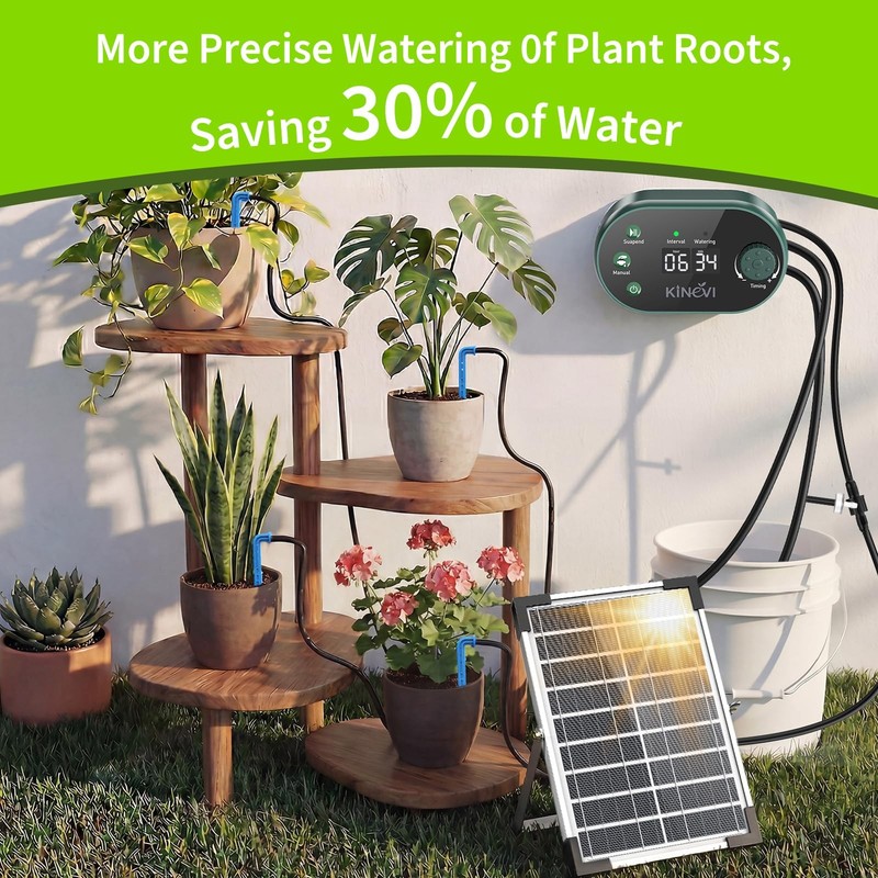Solar Drip Irrigation System, 8W Powered Auto Watering Kit for 30 Pots, HD LE... gallery