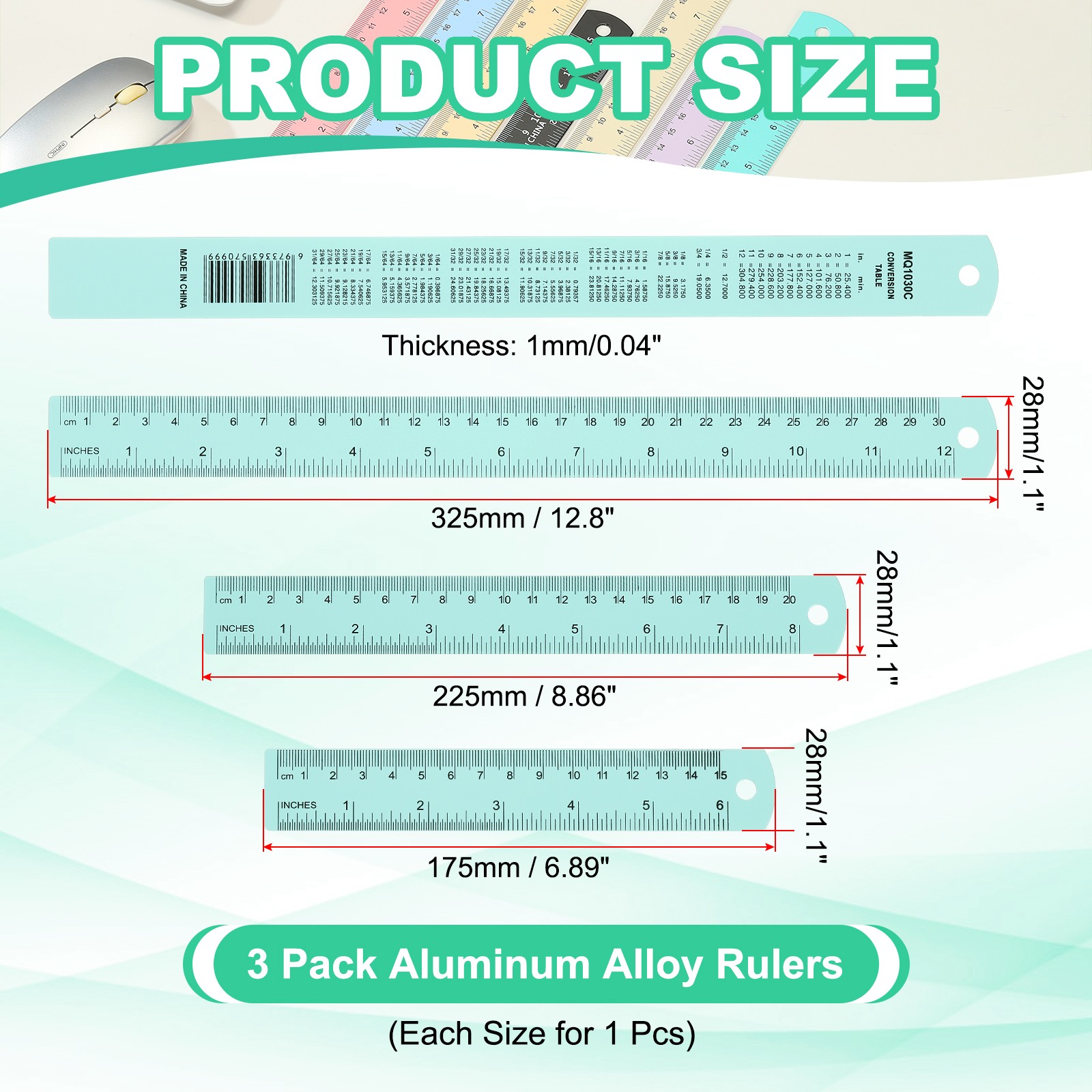 15cm/20cm/30cm Metal Ruler, 3 Pcs Aluminum Alloy Straight Edge Ruler, Blue Green gallery