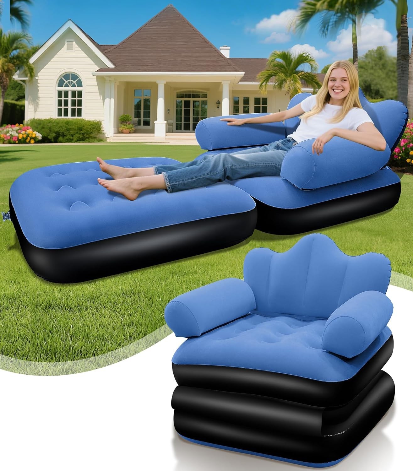 Inflatable Pull Out Couch Air Sofa Bed w Headboard Flocked Surface Indoor Outdoo gallery