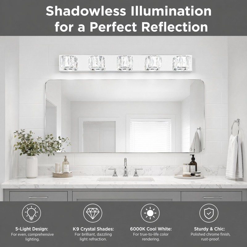 35 inch 5 Light Chrome Crystal LED Vanity Bathroom Mirror Wall Sconce Fixture gallery